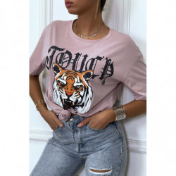 T-shirt ample lila avec "tête de tigre" et écriture, à manches courtes