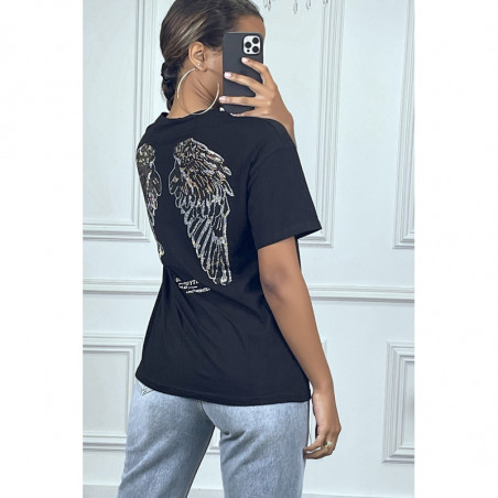 Tee-shirt noir oversize avec écriture et dessins en strass