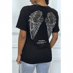 Tee-shirt noir oversize avec écriture et dessins en strass