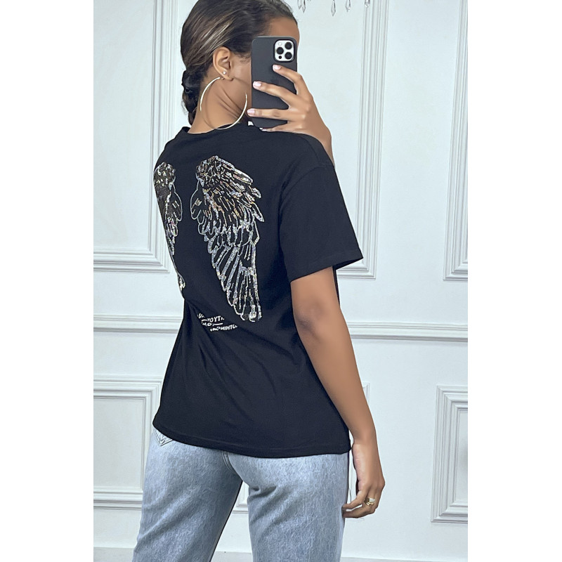 Tee-shirt noir oversize avec écriture et dessins en strass