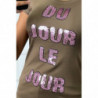 Tee-shirt kaki avec écriture en sequins rose