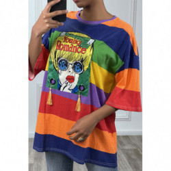 Tee-shirt oversize à rayures multicolor et dessins