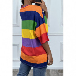 Tee-shirt oversize à rayures multicolor et dessins