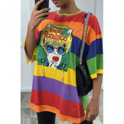 Tee-shirt oversize à rayures multicolor et dessins