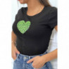 T-shirt noir à manches courtes avec inscription/coeur pailleté vert