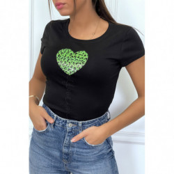 T-shirt noir à manches courtes avec inscription/coeur pailleté vert