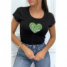 T-shirt noir à manches courtes avec inscription/coeur pailleté vert