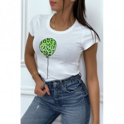 T-shirt blanc à manches courtes avec inscription/ballon pailleté vert