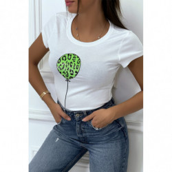 T-shirt blanc à manches courtes avec inscription/ballon pailleté vert