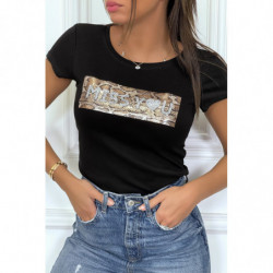 Tee-shirt noir avec inscription en strass sur fond leopard brillant