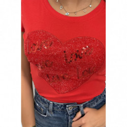 Tee-shirt rouge avec coeur et inscription love pailleté