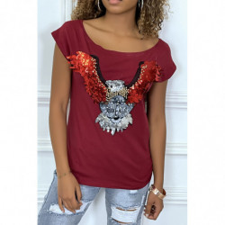 Tee-shirt bordeaux à dessins aigle en sequins et perles