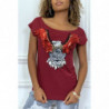 Tee-shirt bordeaux à dessins aigle en sequins et perles