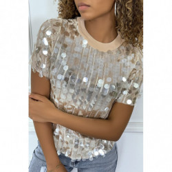 Tee-shirt beige brillant à sequins