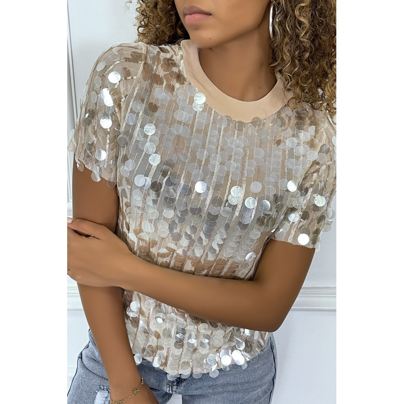 Tee-shirt beige brillant à sequins