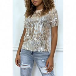 Tee-shirt beige brillant à sequins