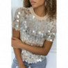 Tee-shirt beige brillant à sequins