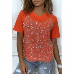 Tee-shirt corail avec effet doublure débardeur en tulle à sequins