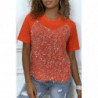 Tee-shirt corail avec effet doublure débardeur en tulle à sequins