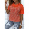 Tee-shirt corail avec effet doublure débardeur en tulle à sequins