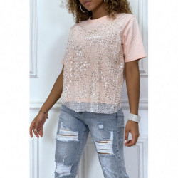 Tee-shirt rose avec effet doublure débardeur en tulle à sequins