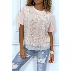 Tee-shirt rose avec effet doublure débardeur en tulle à sequins