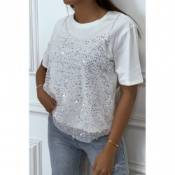 Tee-shirt blanc avec effet doublure débardeur en tulle à sequins