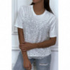 Tee-shirt blanc avec effet doublure débardeur en tulle à sequins