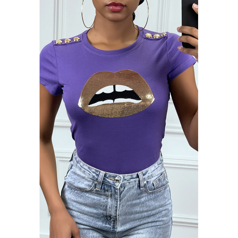 Tee-shirt violet avec dessins et boutons dorée