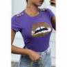 Tee-shirt violet avec dessins et boutons dorée