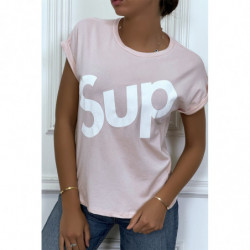 T-shirt rose à manche revers inscription SUP