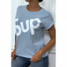 T-shirt turquoise à manche revers inscription SUP