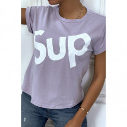 T-shirt lilas à manche revers inscription SUP