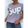 T-shirt lilas à manche revers inscription SUP