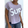 T-shirt lilas à manche revers inscription SUP