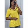 T-shirt jaune basic à col en strass