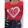 T-shirt manches courtes rouge à motif coeur/fruit brillant