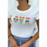 T-shirt blanc avec écriture "LOVE" en sequins multicolore à col rond et manches courtes