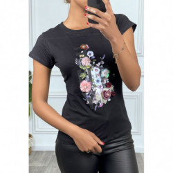 Tee-shirt noir à motif fleuri et en relief