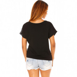 Tee shirt Noir satiné imprimé bagues et strass noirs. MC918