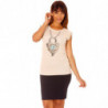 Tee-shirt beige col rond à motif coeur avec strass et perles aux manches. G-5015