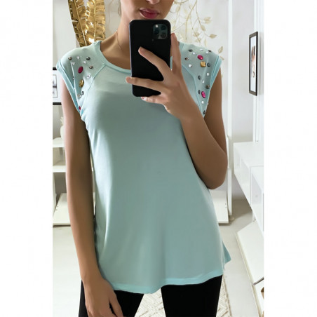 Tee shirt aqua bleu avec strass aux épaules