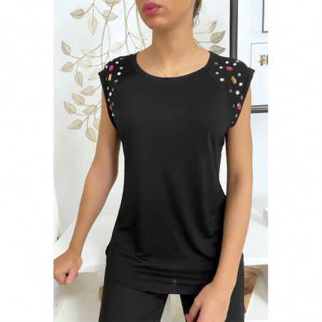 Tee shirt noir avec strass aux épaules