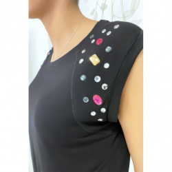 Tee shirt noir avec strass aux épaules