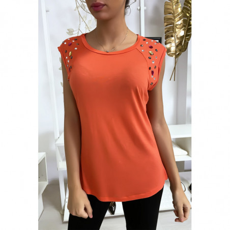 Tee shirt corail avec strass aux épaules