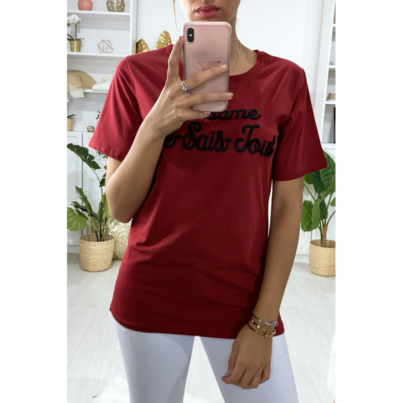 Tee-shirt long rouge en coton avec écriture Madame Je-Sais-Tout