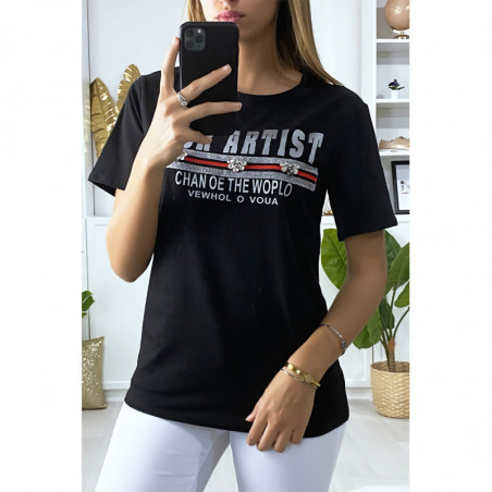 T-shirt noir avec écriture et strass