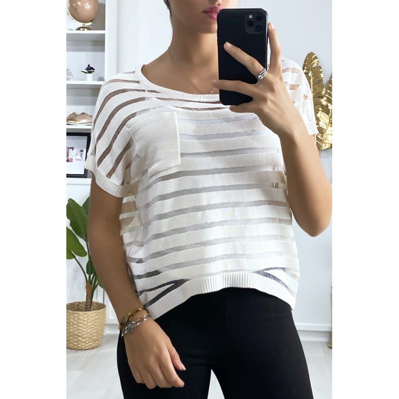 Top rayé beige semi transparent avec poche