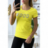 T-shirt jaune en coton avec écriture MOOD en strass à l'avant