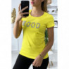 T-shirt jaune en coton avec écriture MOOD en strass à l'avant